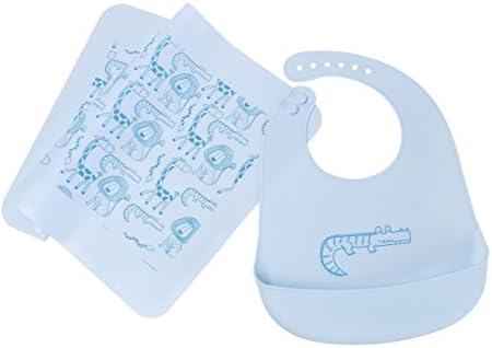 Silicone Baby Bib and Placemat Set of 2 - Waterproof Feeding Bucket Bibs &amp; Table Mat For Babies and Toddlers - Easy Clean &amp; Soft with Big Roll Up Pocket Burp Cloths Set (Blue)
