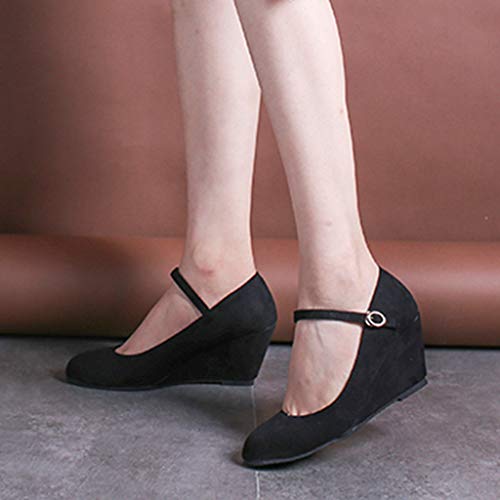 Fashion Respctful✿ Women's Mary Jane Closed Round Toe Buckled Strap Ankle Strappy Wedge Pump Black