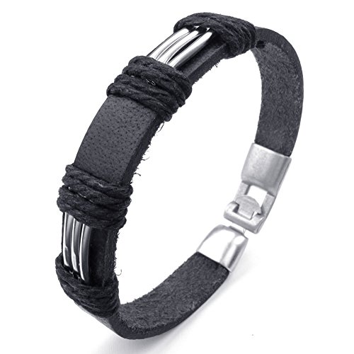 TEMEGO Jewelry Mens Leather Bracelet, Tribal Rope Braided Cuff Bangle, Black Silver