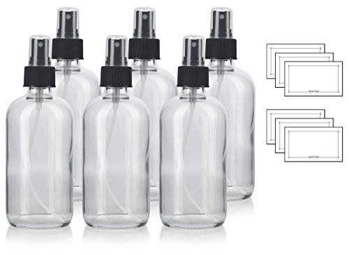 8 oz Clear Boston Round Thick Plated Glass Bottle with Black Mist Spray (6 Pack)+ Labels - Perfect for Home, Cleaning, Cooking, Essential Oils, DIY, Gifts