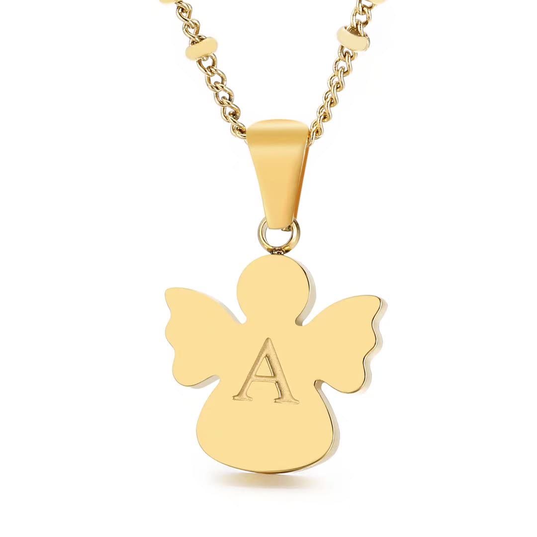 Qings Initial A pendant necklace, 26-letter golden angel necklace, chain length 50 cm