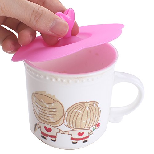 Z Zicome Set of 5 Silicone Cup Lids Mug Covers with Heart Shape Spoon Stirrer Holder for Cup Size within 4.1 inch/10.5cm