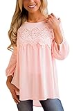 FARYSAYS Women's Casual Crewneck Lace Crochet High Low Long Sleeve Loose Blouse Tops Pink XX-Large