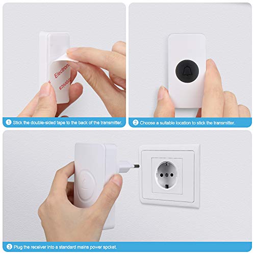 TECKNET Sonnette sans Fil, IP44 Sonnette sans Fil Exterieur Etanche à 300 Mètres de Portée, Sonnette de Porte Kit de Carillon avec LED Flash et 38 Sonneries 4 Niveau Volumes pour Entrepôt,etc