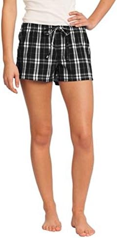 SWU(tm) Ladies Soft Cozy Plaid Flannel Pajama Boxer Shorts Black Medium