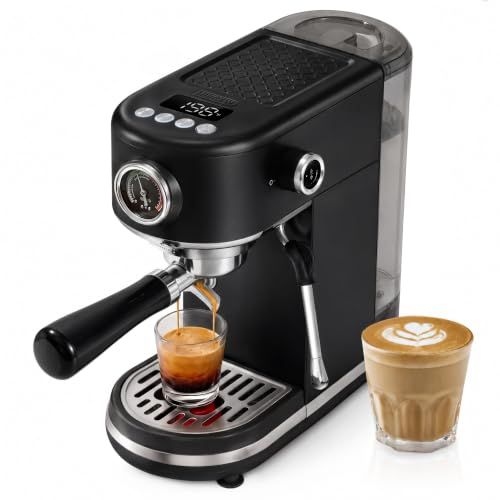 HIBREW H10B Programmable Espresso Machine with LED Display and Pressure Gauge | Compact Stainless Steel Coffee Maker 20 Bar with Milk Frother, Portafilter 51 mm for Cappuccino and Latte