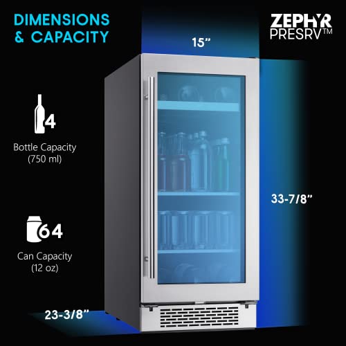 Zephyr Presrv 15" Wine Fridge & Beverage Refrigerator Single Zone Under