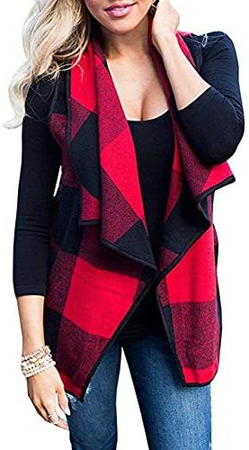 Women's Lapel Lightweight Sleeveless Open Front Plaid Vest Cardigan Coat with Pockets