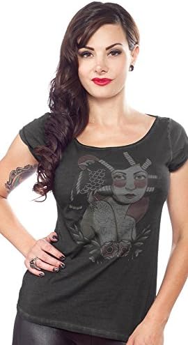 The Raven Tattooed Pinup Distressed Shirt from Sourpuss Clothing (Small), Gray