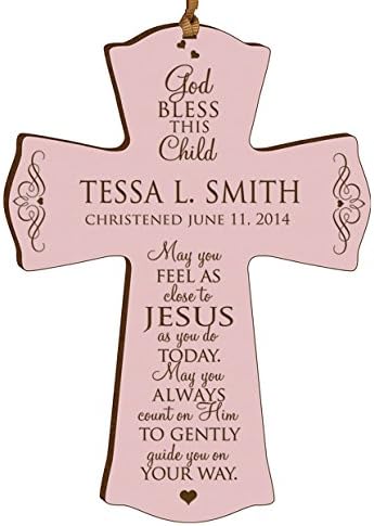 LifeSong Milestones Personalized Baptism 1st Holy Communion Christening Wall Cross Decoration May You Feel As Close to Jesus (4.5" x 6", Pink)