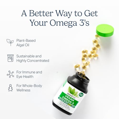 Zenwise Health Vegan Omega 3 Supplement, Algae Oil, EPA DHA - 120 CT | 120 Softgels, Plant-based Fish Oil Alternative, 510mg EPA DHA DPA, Algal Oil, Sustainably Sourced, Burpless, Non-GMO, Vegan