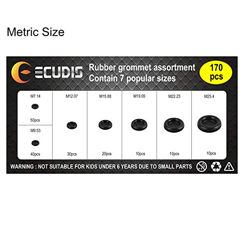 ECUDIS 170Pcs Rubber Grommet Firewall Hole Plug Set Electrical Wire Gasket Assortment, Set of 7 Different Metric Sizes, with See-Through Divided Organizer Case for Car Machine Pump Water Pipe