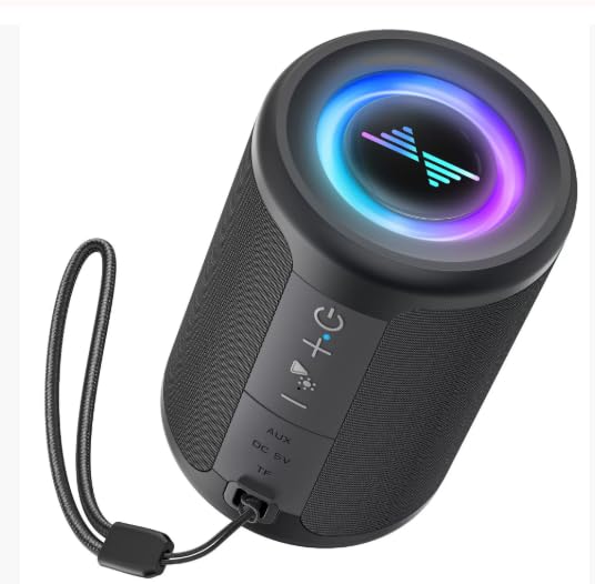 ポータブル Bluetooth スピーカー, LEDライトリング付き, 防水, ワイヤレス, ブラック