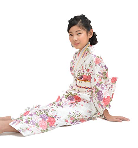 Tikusan Japanese Traditional Dress Kimono Yukata Robe for Kids Girls Costume (8-9 Years, White)