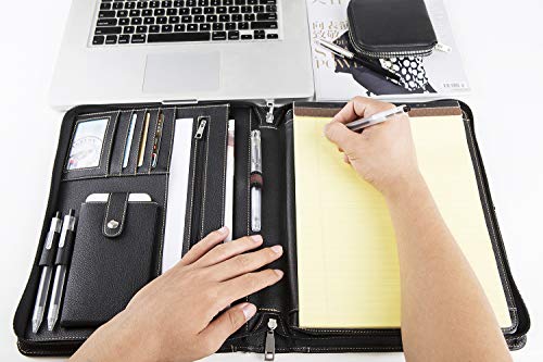 Hifriend Genuine Leather Portfolio for iPad Pro 12.9, Professional Business Organizer Padfolio Case, Letter Size Notepad, with Retractable Handle, Gift for Women & Men (Black, Pro 12.9)