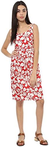 Red Hawaiian Print Dress, Fabric - Cotton Blend , Midi Dress Style with Back Detailing