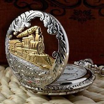 Pixle Pocket Watch - Antique Steampunk Train Silver Gold Hollow Pocket Watch Quartz Chain Gift Retro
