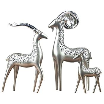HauCoze Sheep Lamb Figurine Statue Sculpture Stag Home Decor Decoration Gift Animal Arts Crafts Hand Painted Polyreisn Silver Set of 3