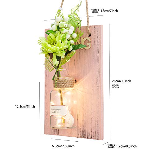 Decorative Artificial Flower Wall Decor - Rustic Wall Hanging Sconces with Mason Jars and LED Fairy Lights 1 Pack - Farmhouse Home Decor(Spring Board with Gerbera)