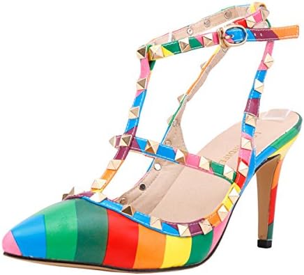 Women's Multicolor High Heels Rivets Rainbow Stiletto Sandals Pumps Shoes (Size 42/ US 9, #02)