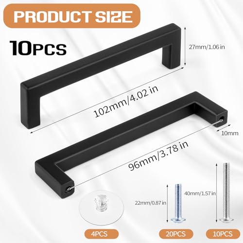 Tufa 10pcs Black Kitchen Handles 96mm - Stainless Steel Kitchen Cabinet Handles with 10 Long Screws, 20 Short Screws for Drawers, Cabinets and Cabinets