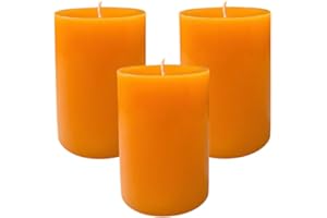Mister Candle Dripless Unscented Orange Pillar Candles, Set of 3 Hand Poured Solid Color Non-Scented Candles for Home Decor, Premium Wax, 60 Hr Burn Time - 3x4 Inch, Orange