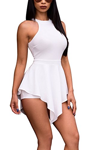 Womens Solid Tunic Sexy Backless Clubwear Outfits Mini Beach Jumpsuit  Romper White S