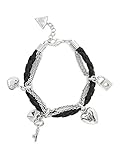 GUESS Women's Black and Silver-Tone Faux-Leather Charm Bracelet