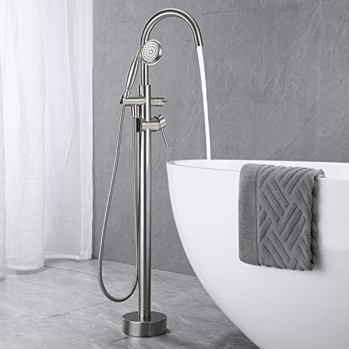Wowkk Tub Filler Freestanding Bathtub Faucet Brushed Nickel Floor Mounted Brass Bathroom Tub