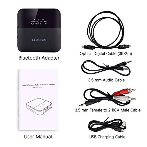 Bluetooth 5.0 Transmitter Receiver, 2-in-1 Wireless Audio Optical Adapter aptX Low Latency HD for TV Headphones Speaker Home Music Streaming Sound System Car Stereo (Optical/TOSLINK 3.5mm AUX RCA)