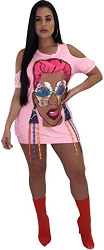 Women's Cut Off Shoulder Hip Hops Punk Big Face Printed Casual Sexy Party Nightclub Shirts Mini Dress