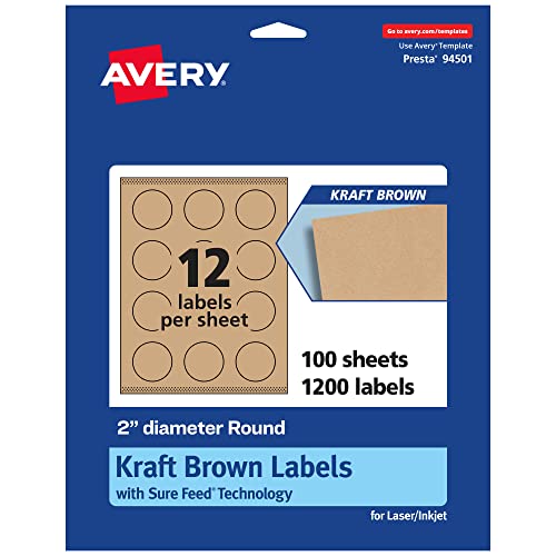 Avery Kraft Brown Round Labels, Sure Feed Technology, 2" Diameter, 1,200 Kraft…