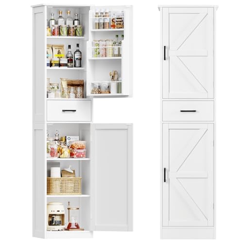 TEENFON 67" H Pantry Storage Cabinet, Bathroom Cabinet with 3 Door Shelves & 1 Drawer, Tall Kitchen Pantry Cabinet for Living Room, Bathroom, Kitchen, White