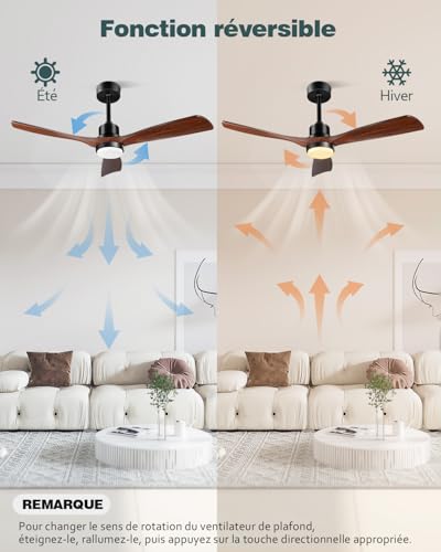 Forrovenco Ceiling Fan with Light and Remote Control, 52 Inch Strong Winds Silent Reversible DC Motor 3 Blades Wood Modern Design for Indoor Outdoor Patio Farmhouse, 52", Walnut