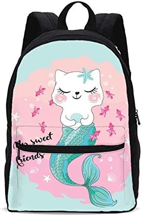 FeHuew Cute Mermaid Fish Cat Backpacks Bookbag Shoulder Bag Casual Daypack 17 Inch Plus Laptop Bag for Girls 1-5th Grade