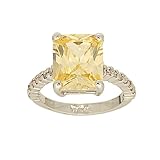 Large Emerald Cut Cubic Zirconia Solitaire Ring in Pale Yellow with Tiny Side Stones