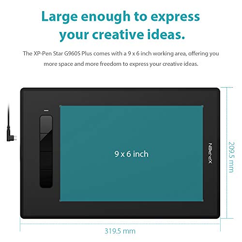 XP-PEN G960S Plus Graphic Tablet 9 x 6 Inch Stylus Pen 8192 Levels with Digital Eraser and 60 Degree Tilt Compatible with Windows Mac Android