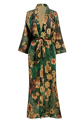 Old Shanghai Women's Kimono Robe Long - Watercolor Floral, Azumi- Green