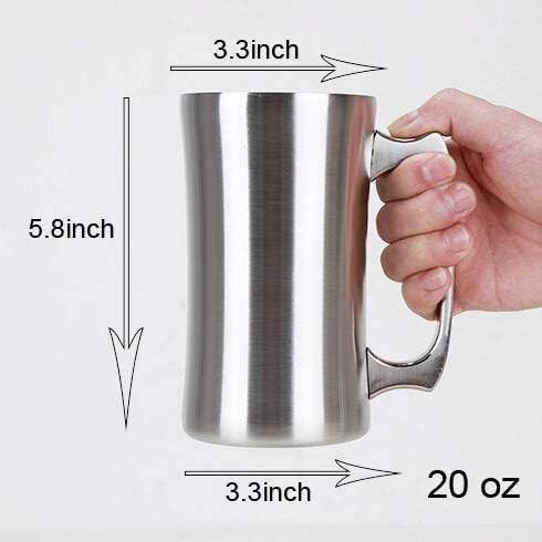Double Wall Beer Stein Stainless Steel Coffee Mug 560 Ml Silver Poks Fat Beer Mug 20 Oz Insulated Beer Mug With Lid Tumbler With Handle Insulated Cup Kitchen Dining Bar Tools
