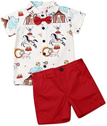 Toddler Baby Boy Shorts Set Short Sleeve Cartoon Print Button Down Shirt Tops+Casual Solid Shorts 2Pcs Summer Outfits 1-6Y