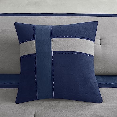 MADISON PARK PALISADES COMFORTER SET MODERN FAUX SUEDE PIECED STRIPE DESIGN, ALL SEASON DOWN ALTERNATIVE COZY BEDDING WITH MATCHING SHAMS, DECORATIVE PILLOWS, CAL KING(104″X92″), BLUE 7 PIECE