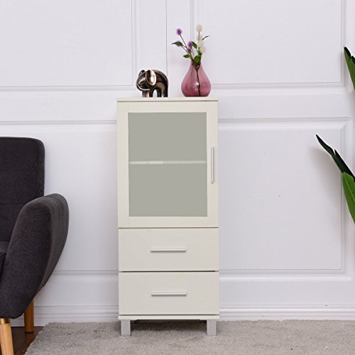 2 Drawers Glass Door Wood Floor Cabinet Storage Unit Organizer Stand Chest