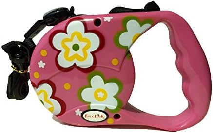 Reelok Pink Beautiful Flower Patterns Automatic Retractable Cord Leash 16 feet 5 M 45 Pounds Durable Heavy Duty Super Strength Dog Pet Safe Walk