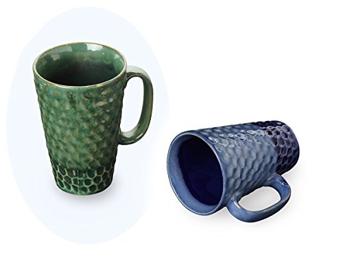Store Indya Set of 2 Handmade Ceramic Coffee Milk Cup Mug Diamond Design Studio Pottery Home Office Kitchen Dining Serveware Accessories (Blue & Green)