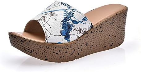 Common Women Sandal Word Drag Sponge Cake Heels Thick Soles Home Slippers Cool Shoes(Blue and white-40)