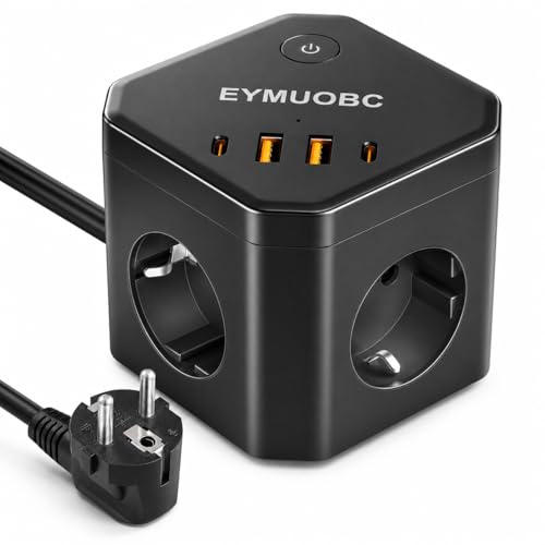Regleta 8-en-1 con USB-C Carga Rápida 20W y Protección Sobretensión, 4 Enchufes con Interruptor, 3680W, Cable Alargador 2m, para Casa, Oficina y Viajes
