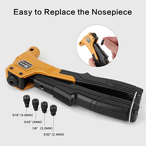 Rivet Gun, One Hand Riveter Kits with 4 Interchangeable Nosepieces, 4 in 1 Rivet Tools with 80pcs Rivets BOSI TOOLS BS304108