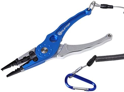 Wolftop Saltwater Aluminum Fishing Pliers Braid Cutters with Coiled Lanyard and Belt Holder Sheath, Silver &amp; Blue