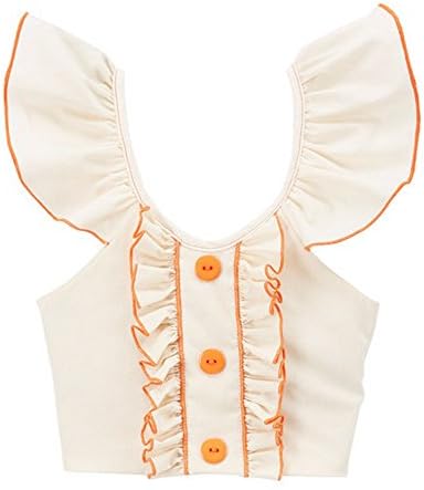 Little Girls Ivory Orange Flutter Sleeve Ruffle Trim Button Cotton Shirt 2T-6