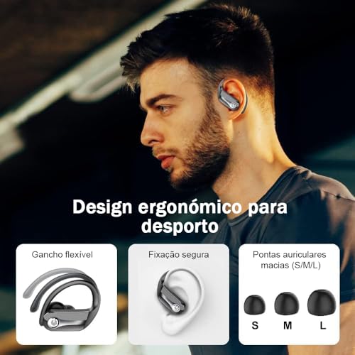 Fones de ouvido sem fio, Bluetooth 5.3, estéreo de alta fidelidade, tela LED, chamadas nítidas com microfone, cancelamento de ruído, controle por toque, IP7 à prova d'água, esportivo (preto)
